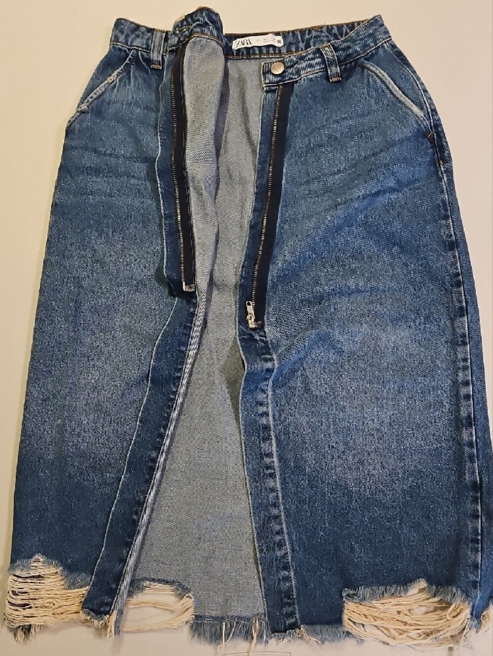 Zara Denim Midi Skirt with Front Zippered Overlap 0221